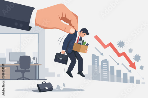 Businessman Fired and Laid Off by Big Hand During Coronavirus COVID-19 Pandemic Economic Recession, Job Loss and Unemployment Crisis Concept with Downward Arrow and Market Crash Graph Illustration