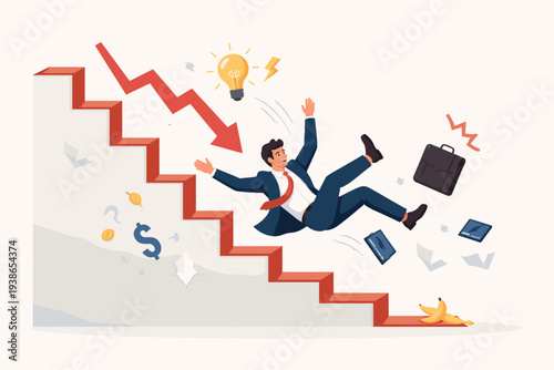 Businessman Falling Down Stairs with Red Downward Arrow Representing Financial Failure, Bankruptcy, Economic Crisis, and Business Risk. Professional Man in Suit Losing Balance and Dropping Items.