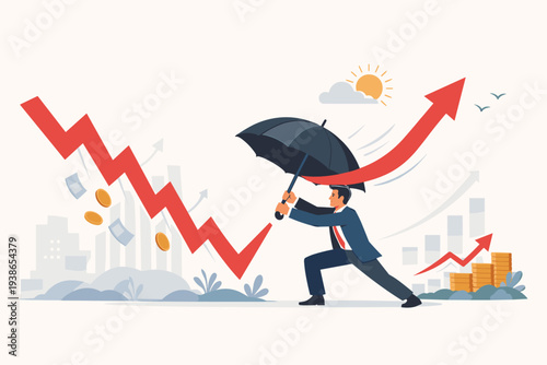 Businessman Protecting Business from Economic Crisis with Umbrella, Stock Market Bounce Back and Financial Recovery from Recession, Growth Arrow Rising Upwards, Investment Protection Concept
