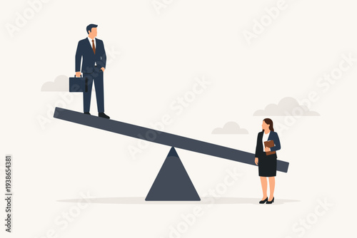 Gender inequality and discrimination concept with businessman and businesswoman on unequal seesaw representing wage gap, career growth barriers, glass ceiling, and social injustice in the workplace.