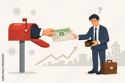 Government Giving Stimulus Check Money to Citizen for Economic Relief During COVID-19 Coronavirus Pandemic Crisis, Businessman Receiving Financial Aid in Envelope from Mailbox with Empty Wallet.