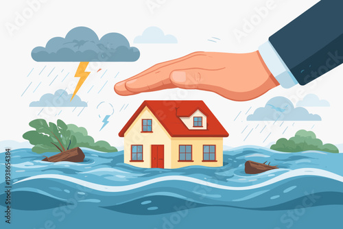 House Insurance Protection Concept with a Large Hand Shielding a Home from a Natural Disaster Flood and Storm with Rain and Lightning, Property Safety, Rescue, and Real Estate Security Illustration