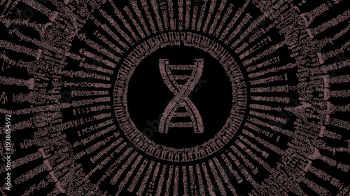 A dark image featuring a central DNA double helix surrounded by circular radiating lines with text