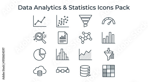 A comprehensive collection of minimalist line icons representing essential data analytics and statistical concepts for digital design projects.