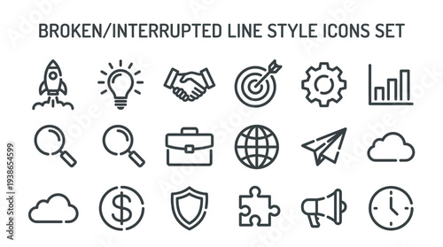 Collection of business and finance related outline icons featuring a rocket, lightbulb, handshake, target, and gear.
