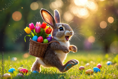 Animated bunny rabbit carrying basket of flowers in spring meadow. Fun holiday illustration for children, Easter events, and cards.