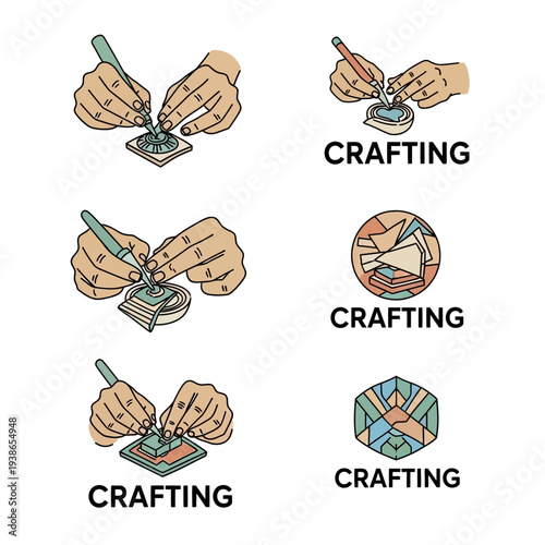 Minimalist icon pack illustrating hands crafting geometric mosaic art, detailing the step-by-step process for creative hobbies and do-it-yourself art projects