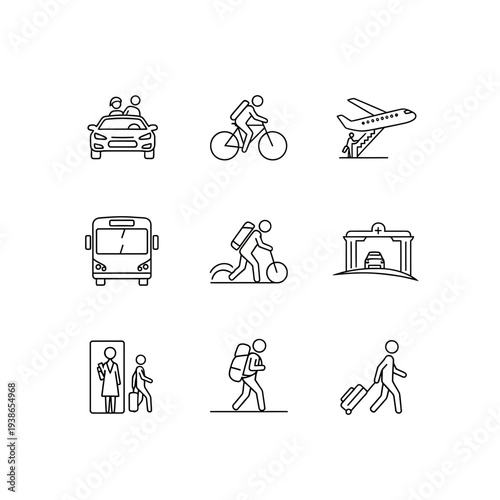 Modern ultra-thin black line vector icons for diverse transportation and travel. Features car, bike, bus, airplane, train, and people with luggage, ideal for apps and websites