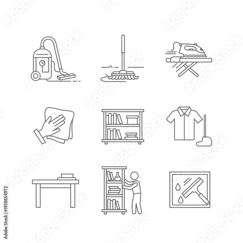 A Collection of Housekeeping and Cleaning Icons Vacuum, Mop, Iron, Duster, Bookshelf, Clothes, and Window Cleaning