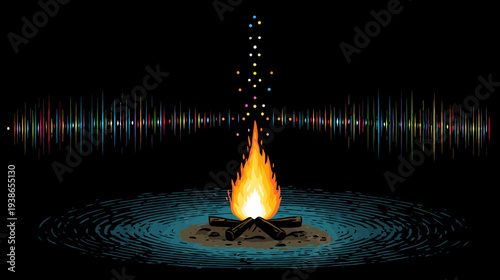 Illustration of a campfire with sound waves. Flames emanate upward, and concentric circles surround base