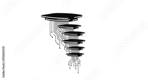 Industrial futuristic mechanical structure tower with gray and black components on white background technical innovation concept