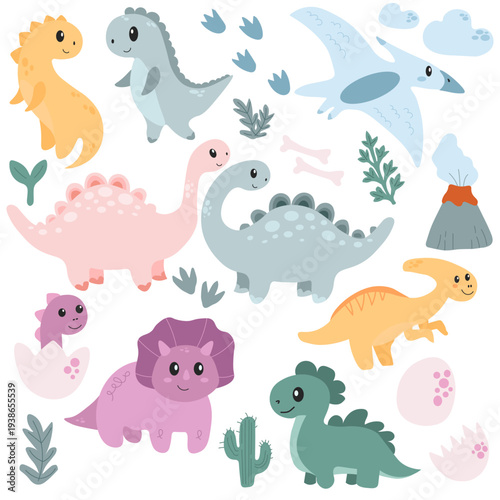 Collection of colorful prehistoric animals including stegosaurus, triceratops, tyrannosaurus and flying pterosaur with plants, eggs and volcano elements. Hand draw cute cartoon dinosaur illustrat