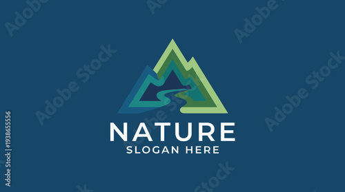 This logo symbolizes nature with a mountain and river design, reflecting sustainability and outdoor themes, perfect for environmental or travel-related brands.