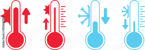 Hot and Cold Thermometer Icon Set with Sun and Snowflakes – Temperature Weather Forecast Symbol for Meteorology, Climate Change, Seasonal Climate Monitoring and Environmental Awareness Vector