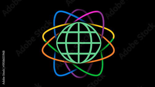 Colorful orbital rings orbit a green globe on a black background. Design is a minimalist representation