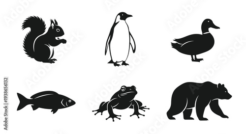 Woodland and Aquatic Animal Silhouettes: Squirrel, Penguin, Duck, Fish, Frog, and Bear Black Vector Icons for Nature Designs