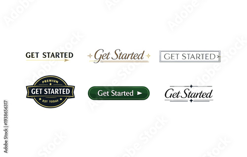 Various 'get started' button designs in different fonts and styles