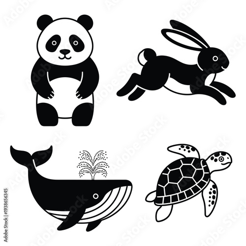 Cute Animal Line Art Set: Adorable Panda, Jumping Rabbit, Spouting Whale, and Sea Turtle Black Outline Illustrations