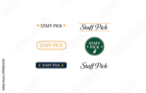 Collection of diverse staff pick badges and labels in various designs