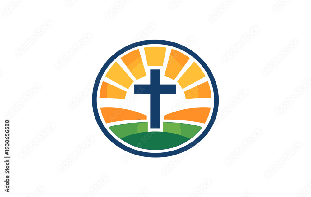 Obraz premium Christian cross emblem with sunburst and horizon in circular design
