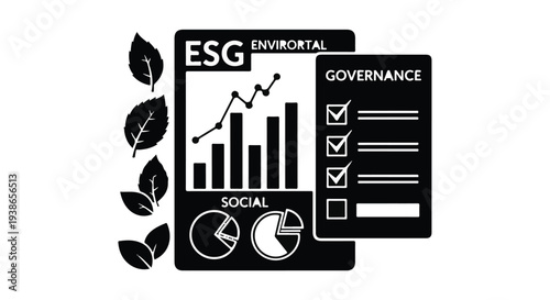 ESG environmental social governance business concept with green leaves and graphs charts on corporate report document for sustainable development and responsible investing