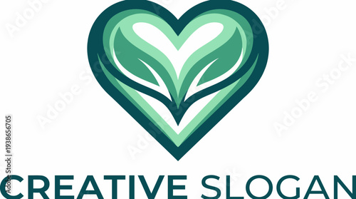 This image features a heart shape intertwined with leaf elements, symbolizing love, care, and growth through a modern, stylish design in varying shades of green.