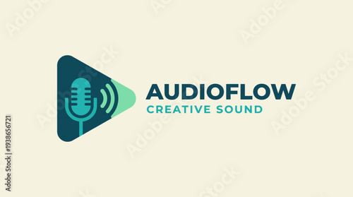This image features a modern logo design for AudioFlow, emphasizing creative sound with a playful microphone icon and contemporary color palette for branding purposes.