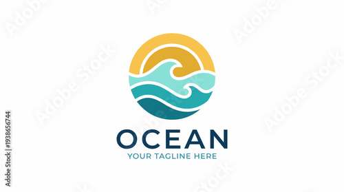 A captivating logo illustrating the sun setting over stylized ocean waves, representing warmth and serenity, perfect for brands in travel, hospitality, and leisure industries.