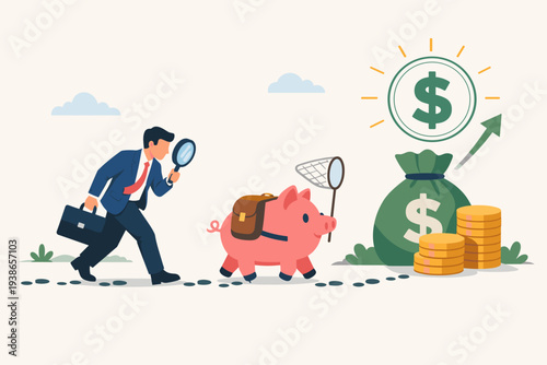 Businessman Searching for Best Investment and Wealth Management Opportunities with Piggy Bank Leading to Money Bag and Gold Coins for Financial Growth, Savings, and Mutual Fund Return Concept
