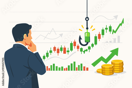 Businessman Analyzing Stock Market Candlestick Chart with Fishing Hook Trap Concept, Financial Investment Strategy, Crypto Trading Analysis, Bull Market Growth, Data Visualization and Profit