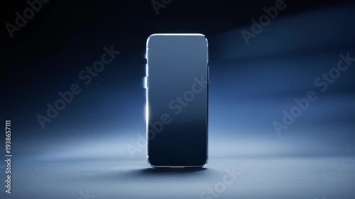 A sleek smartphone stands upright in a moody blue spotlight, its glossy screen reflecting soft rays while edges glint with metallic highlights, suggesting a premium, cinematic product reveal.