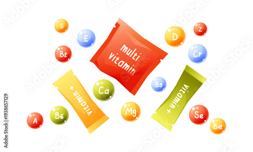 Multivitamin sachets with vitamin and mineral bubbles vector illustration