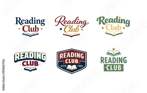 Diverse reading club logos with various font styles and books