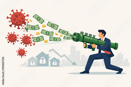 Businessman Shooting Money from Bazooka at Coronavirus to Save Economy, Financial Stimulus Plan, Quantitative Easing, FED Money Injection, COVID-19 Economic Crisis Recovery Concept Illustration