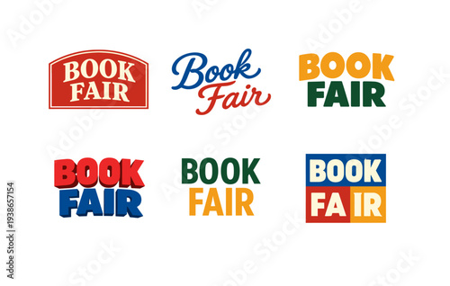Colorful book fair logos in various styles and fonts