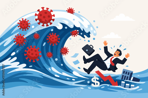 Coronavirus Pandemic Wave Hitting Global Economy and Business Causing Company Collapse and Bankruptcy, Financial Crisis and Economic Recession Concept with Businessman Falling into the Deep Sea