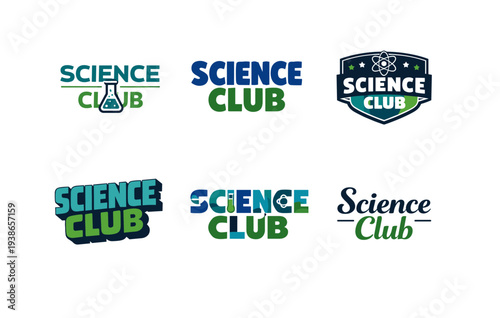 Diverse science club logos with laboratory and atomic themes