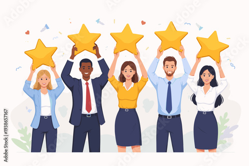 Group of diverse professional employees holding five golden stars for customer feedback, performance review, and high service rating. Team celebrating success, quality, and best experience.