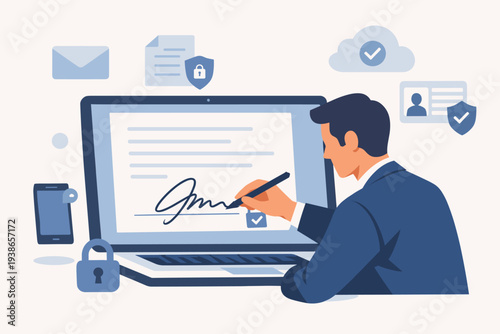 Professional man signing a digital document on a laptop screen using a stylus. Concept for electronic signature, secure online contracts, cybersecurity, and legal business transactions.