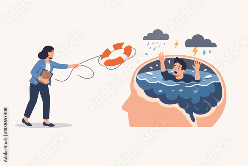 Mental Health Therapy and Psychological Support Concept with Female Psychologist Throwing a Lifebuoy to a Man Drowning in a Brain Pool Representing Depression, Anxiety, and Emotional Distress.