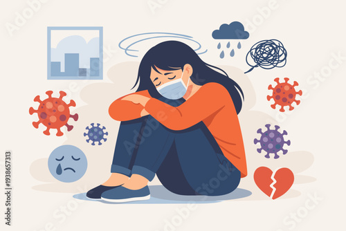 Depressed young woman wearing face mask sitting alone in isolation during COVID-19 pandemic, mental health issues, anxiety, loneliness, and emotional stress flat vector illustration concept.