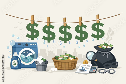 Vector Illustration of Money Laundering Process, Financial Crime, and Illegal Profit with Washing Machine, Dirty Cash, Dollar Signs on Clothesline, Handcuffs, Mask, and Tax Evasion Elements.
