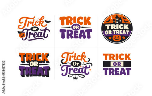 Halloween trick or treat designs with pumpkins and bats in orange and purple