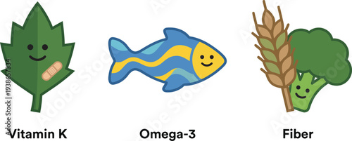 Cute Nutrition Characters: Vitamin K, Omega-3 Fish, and Fiber - Kawaii Health Vector Illustration