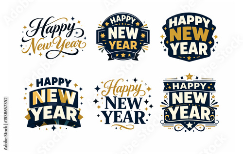Festive happy new year typography designs with gold and navy blue accents
