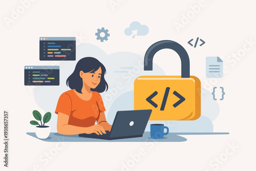 Woman developer working on a laptop with open source programming symbols, featuring a large unlocked padlock and code snippets, representing software development, digital products, and security.