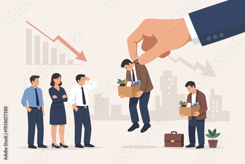 Business Layoff and Staff Reduction Concept with Giant Hand Picking Up Fired Employee Holding Box of Belongings During Economic Recession, Corporate Downsizing and Unemployment Crisis Scene