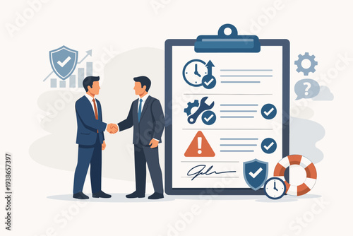 Service Level Agreement SLA Concept with Two Businessmen Shaking Hands in Front of a Large Clipboard with Icons for Uptime, Maintenance, and Risk Management, Representing Professional Support