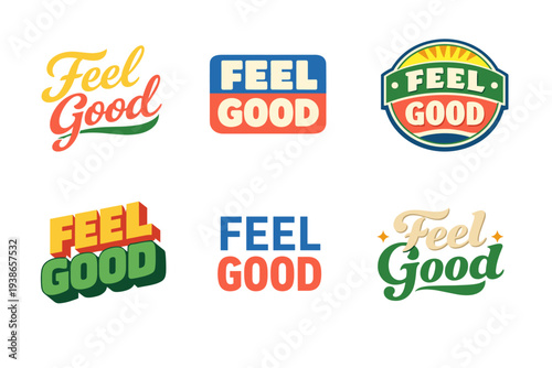 Colorful feel good logos in various styles and fonts