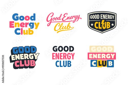 Colorful good energy club logos in various styles and fonts